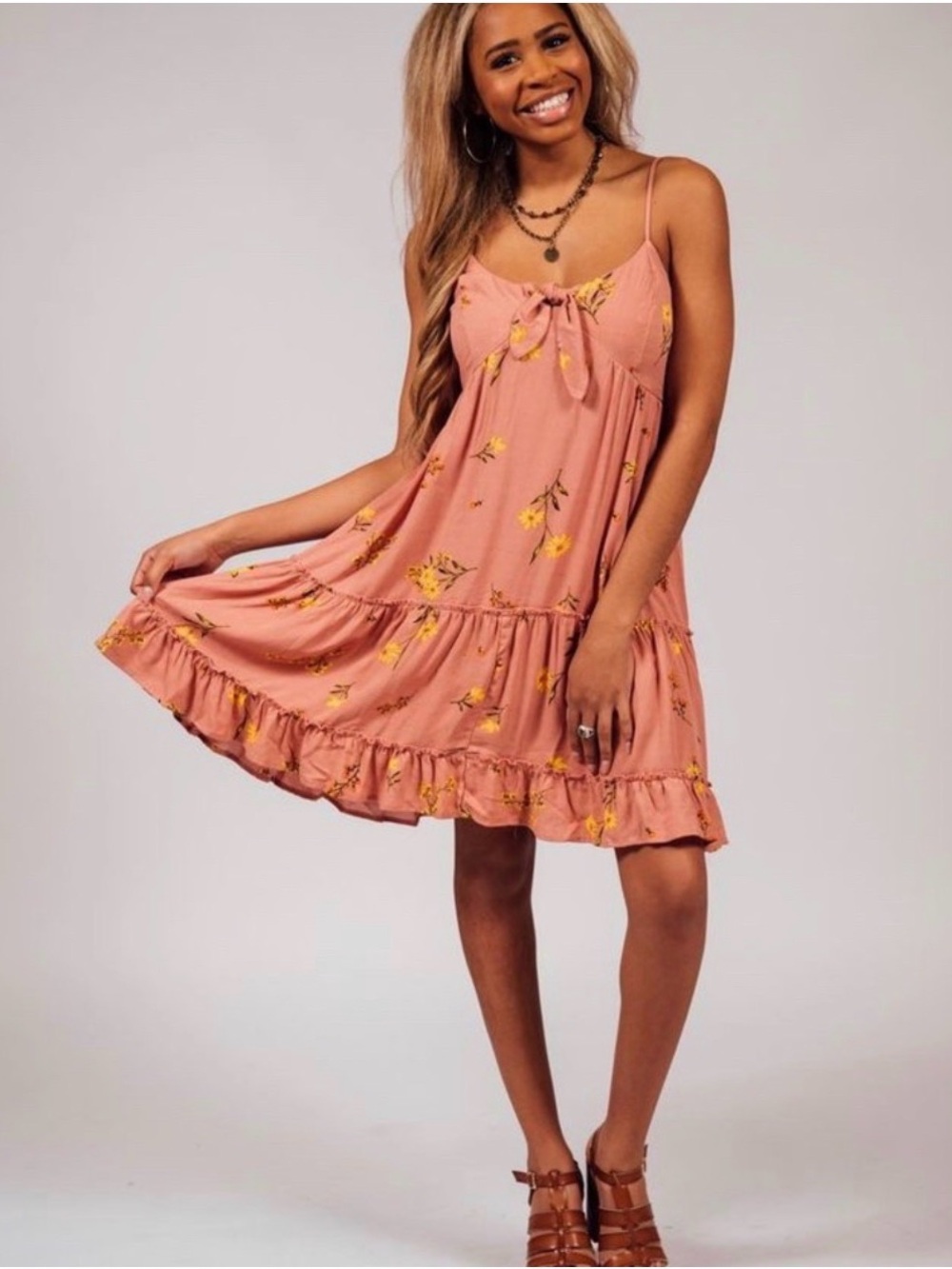 NWT Love Tree Pink Floral Cottagecore Babydoll Mini Dress Women’s Size Large